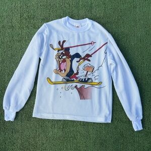 Vintage Looney Tunes Tasmanian Devil White Cartoon Kid’s waffle knit thermal XL